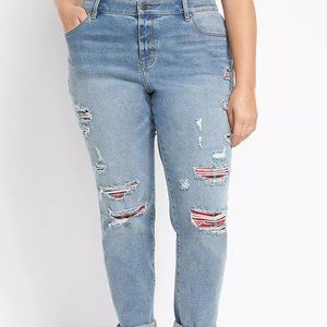 Lane Bryant Signature‎ Fit Boyfriend Jean - Destructed Plaid-Backed Medium Wash
